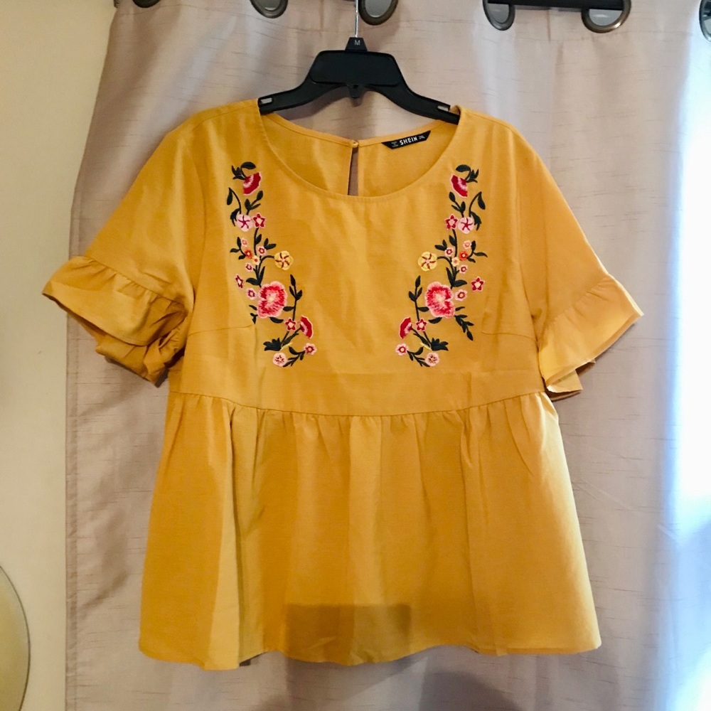 Shein Plus Embroidered Floral Ruffle Trim Top